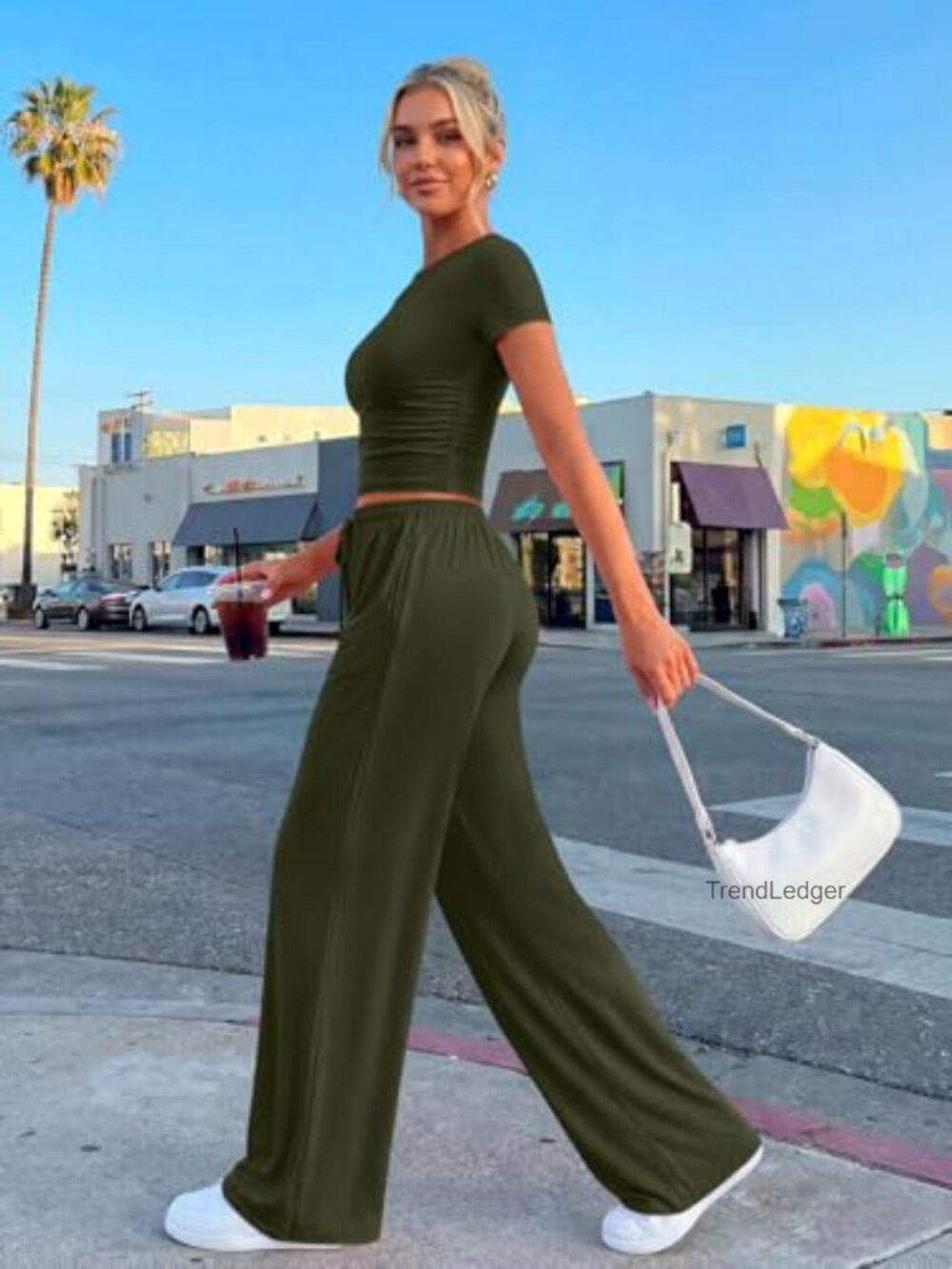 2 Piece Matching Summer Sweatsuit Lounge Set Side Ruching Top Wide Leg Pants - Picture 3 of 7